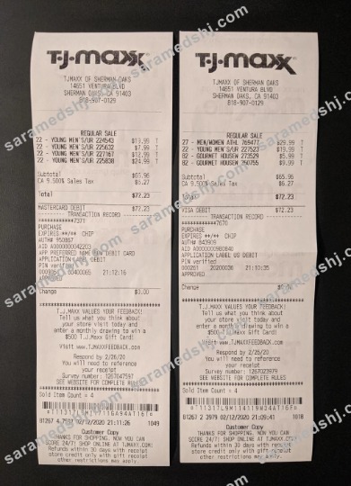 USA TJ Maxx payment receipt
